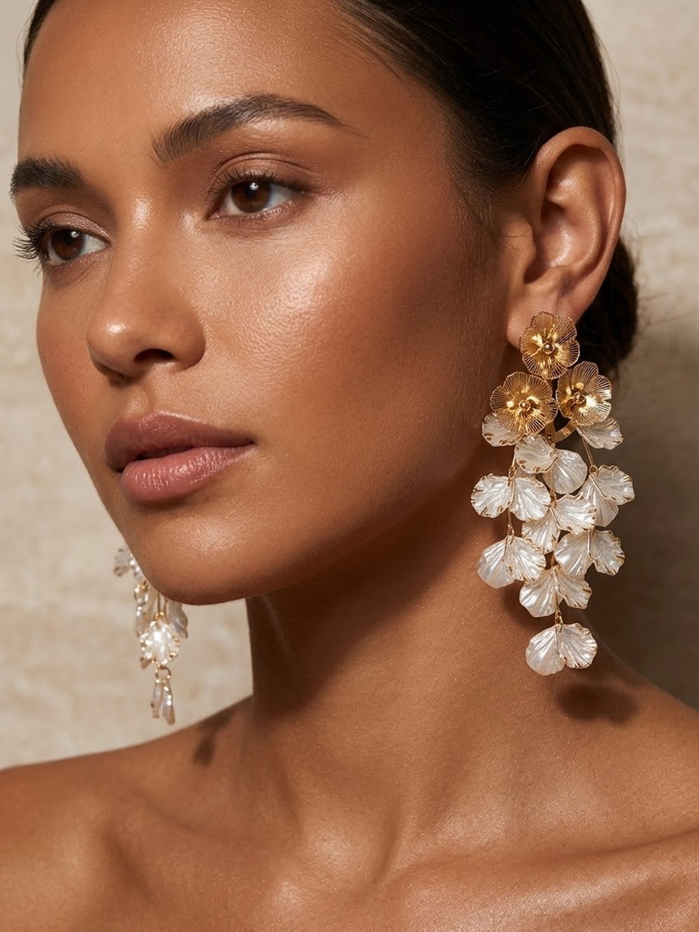 Gold and Clear Floral Leaf Chandelier Earrings